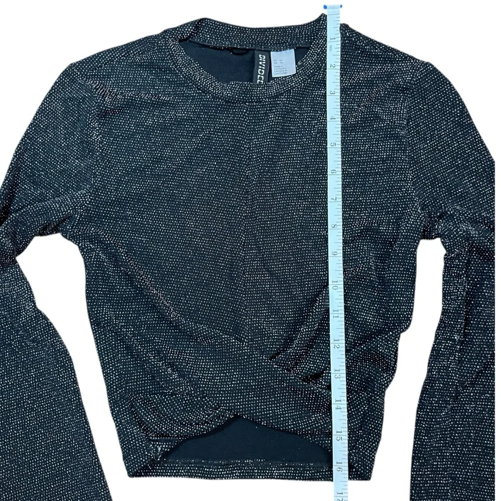 H&M Black Silver Metallic Twist Front Crop Top Long Sleeve XS